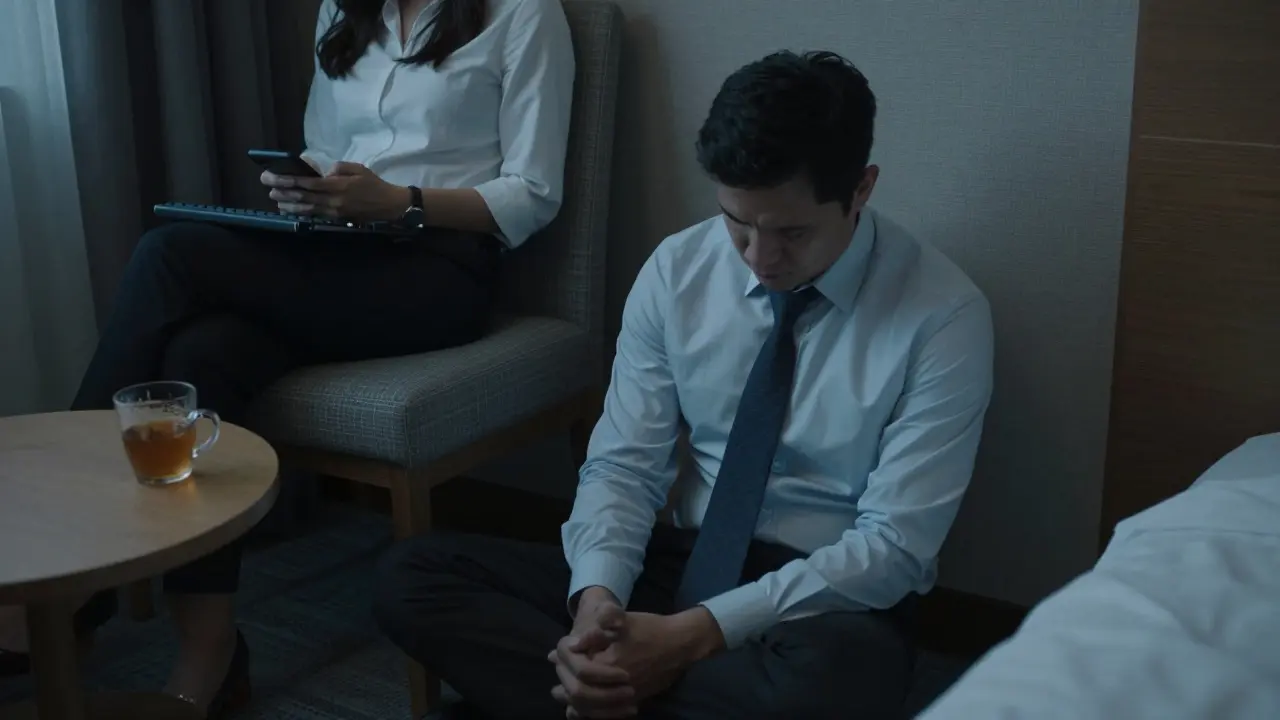 A man sits in a corner of a hotel room, ignored by a woman scrolling on her phone.