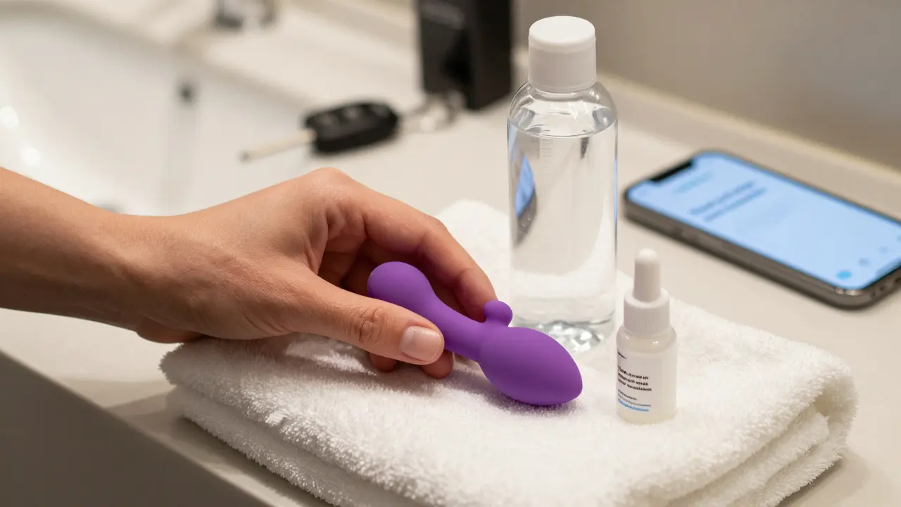 A neatly arranged towel with a sex toy, lubricant, and water bottle on a hotel bathroom counter, no faces visible.
