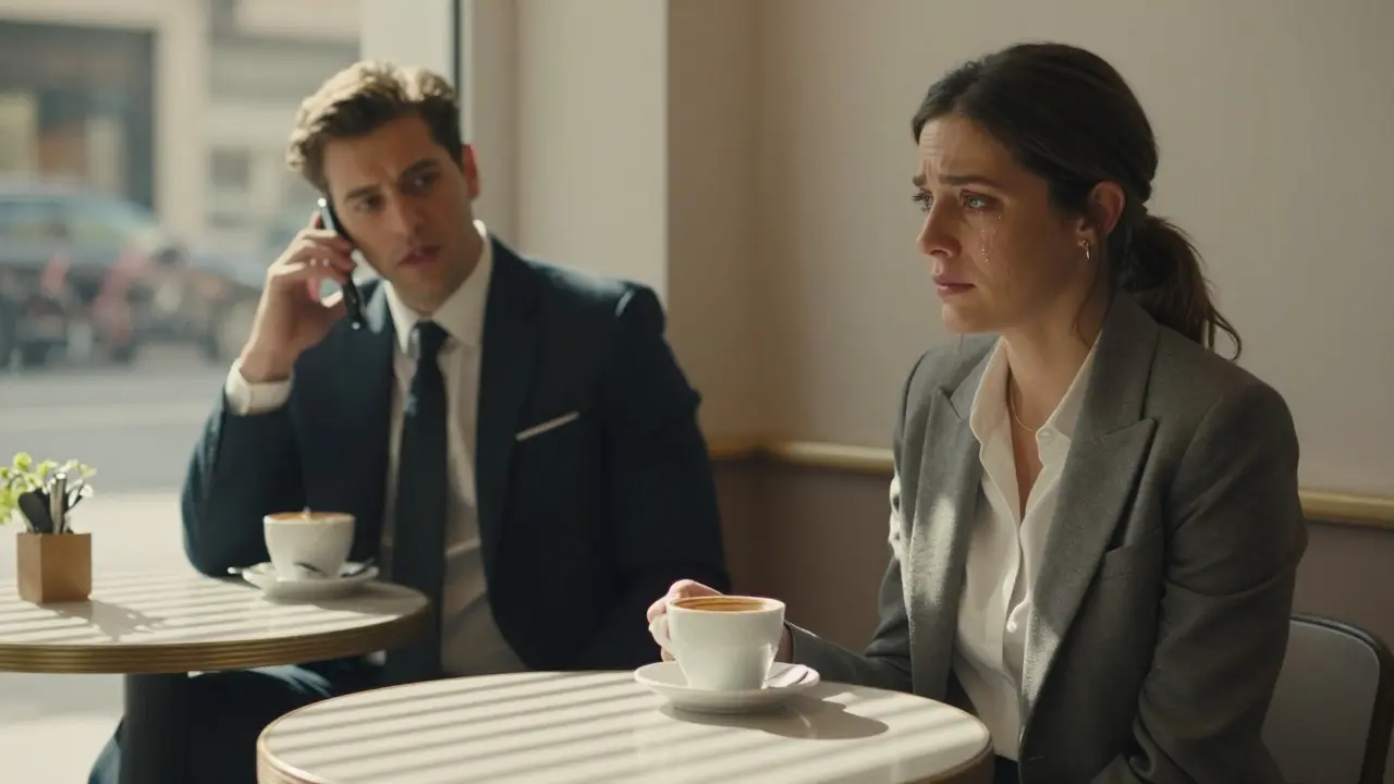 A professional sits alone in a café as an escort speaks dismissively on the phone.