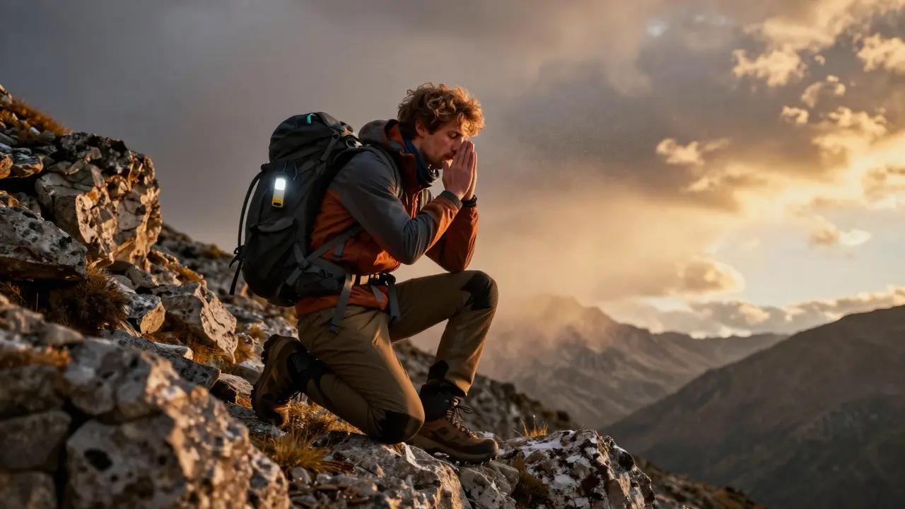 An athletic escort helping a hiker breathe on a snowy ridge, safety gear visible, storm approaching.