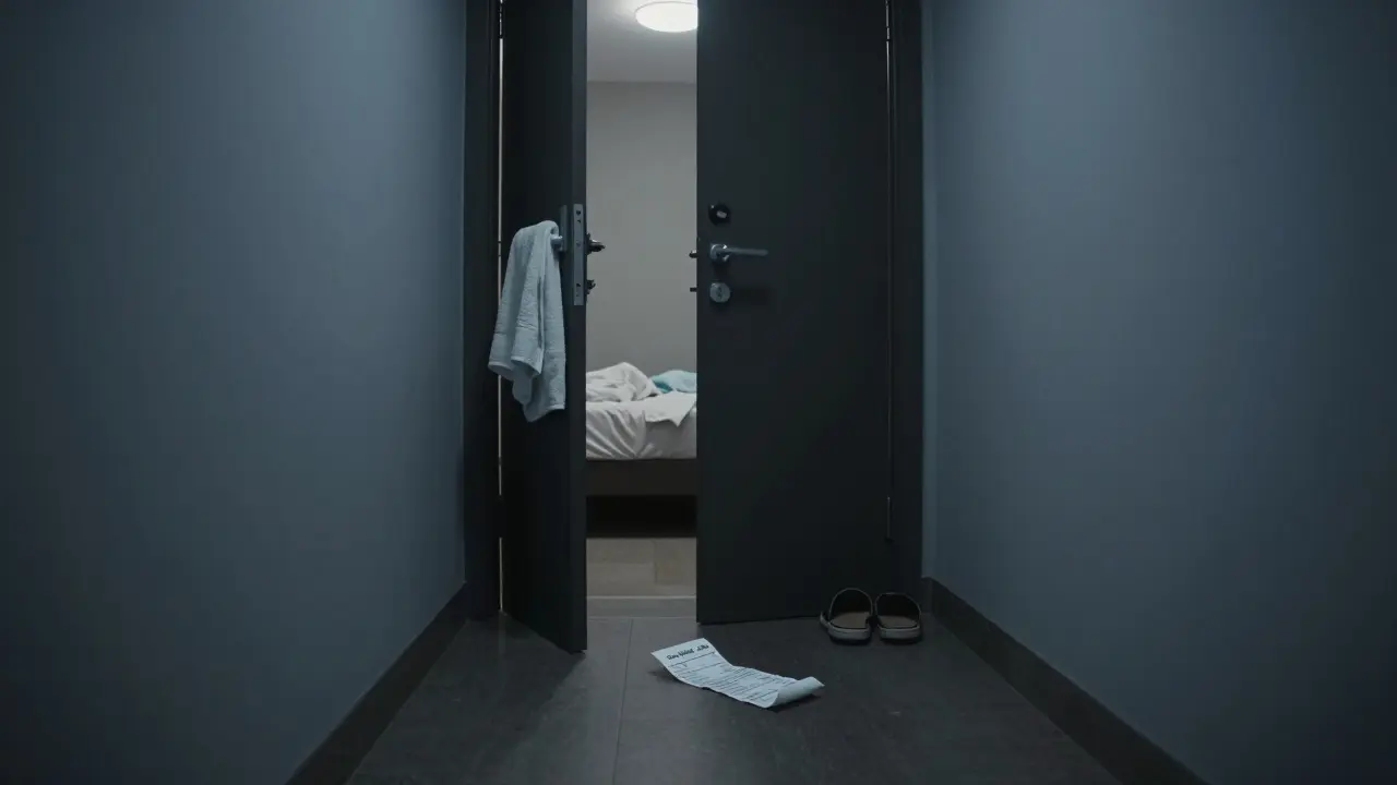 An empty hotel hallway at dawn with a slightly open door, a receipt on the floor, and shoes neatly placed by the threshold.