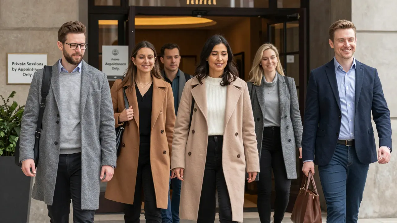 Diverse clients exit a hotel lobby after a session, appearing calm and respected in a quiet, dignified moment.