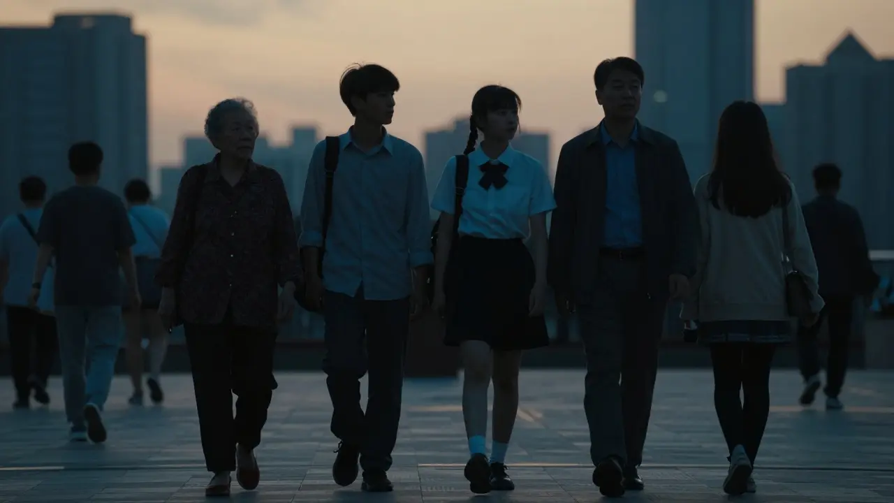 Silhouettes of people walking with companions at twilight, symbolizing quiet human connection in a bustling city.