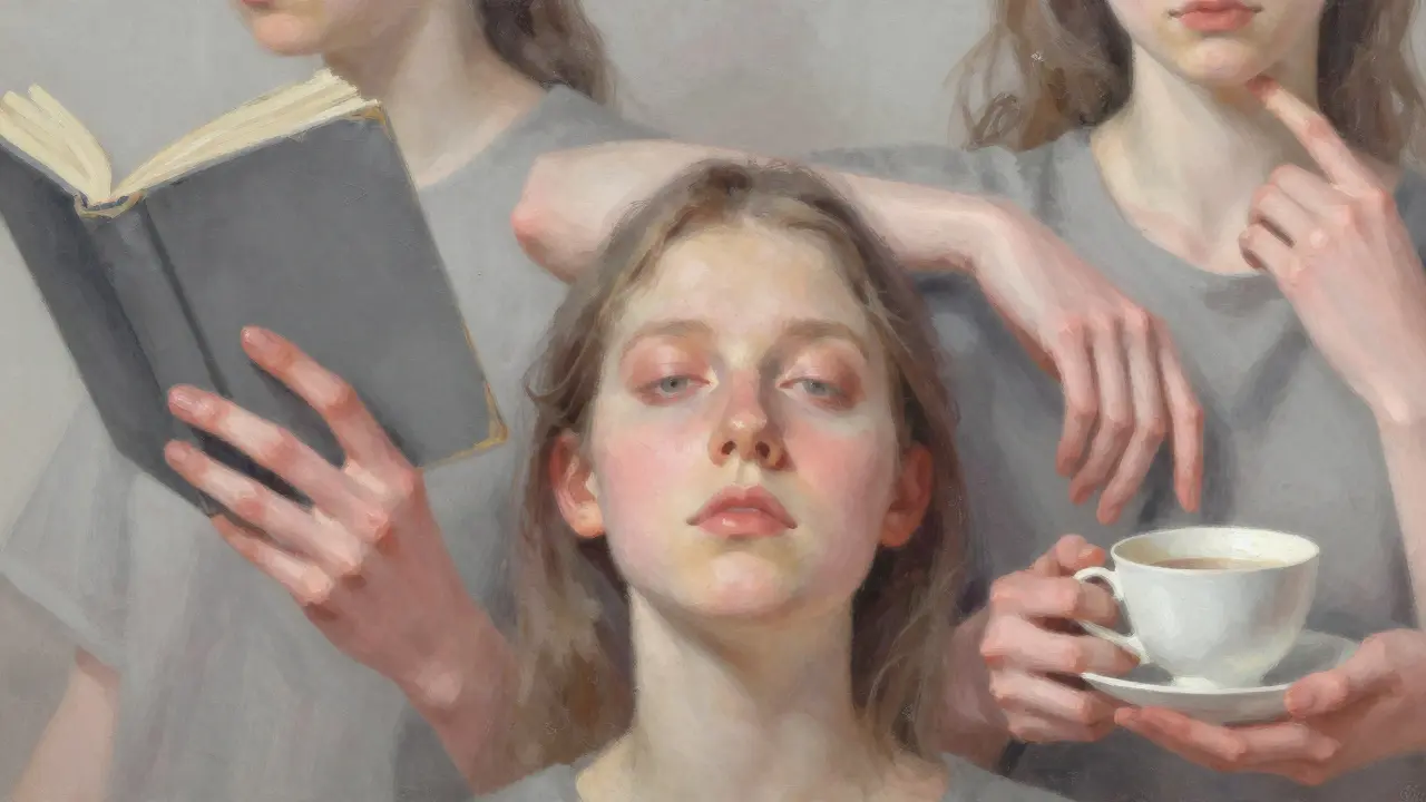 Softly focused hands and tired, peaceful eyes symbolize emotional release and being truly heard.