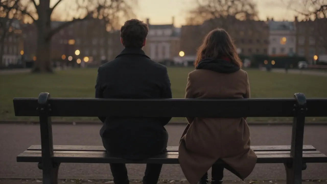 Two anonymous figures on a park bench at sunset, conveying quiet connection and emotional release through posture alone.